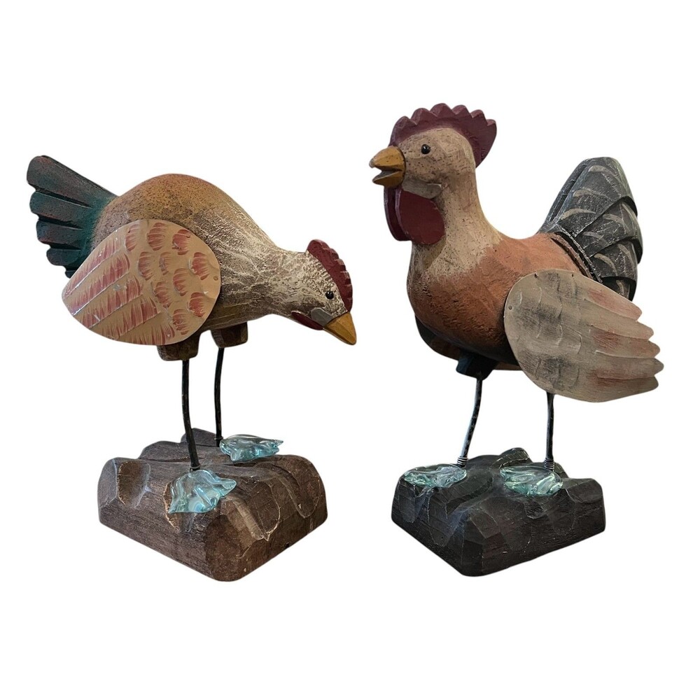 James Haddon Set of 2 Wood Carved Chicken Rooster w Glass Feet Folk Art Country